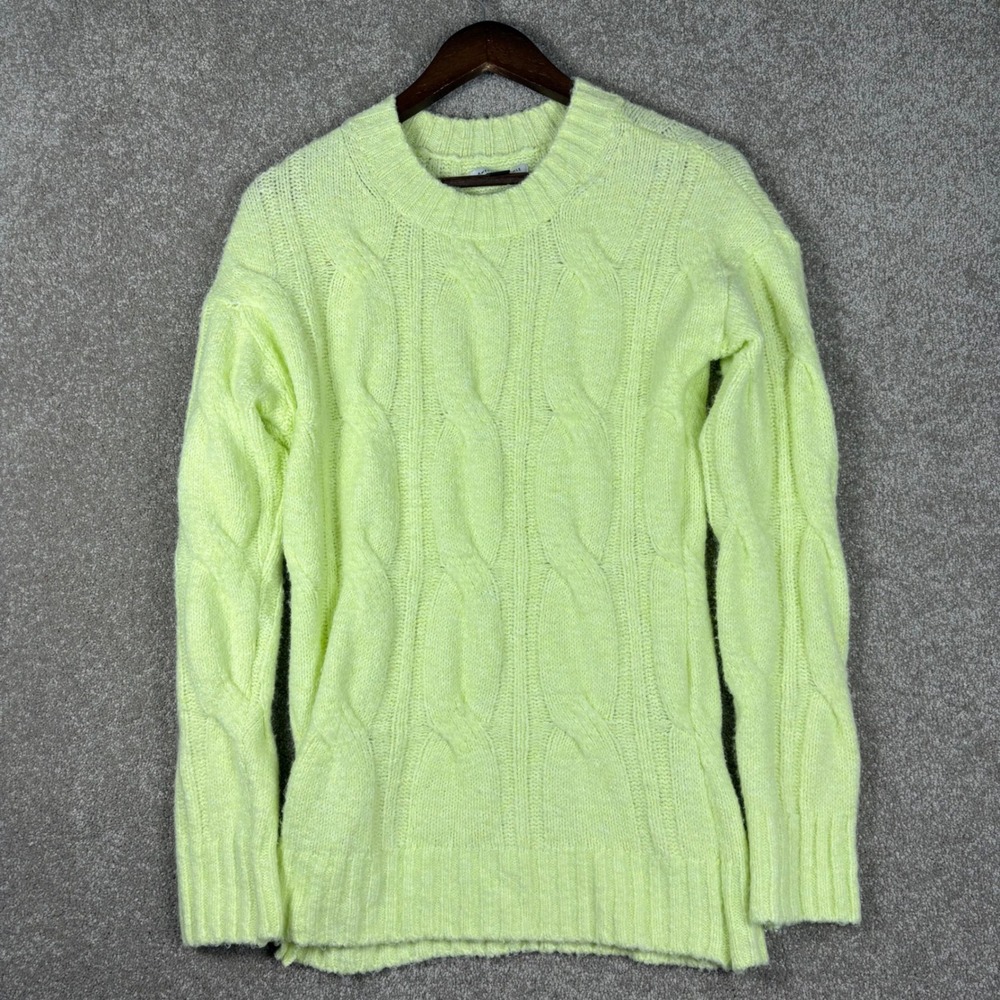 American Eagle Neon Lime Green Cable Knit Crew Neck Sweater Women Size XS